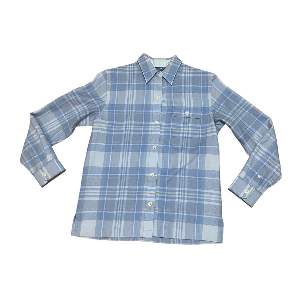 VTG Lauren Ralph Lauren Petite Small Blue Plaid 100% Wool Heritage Button Down